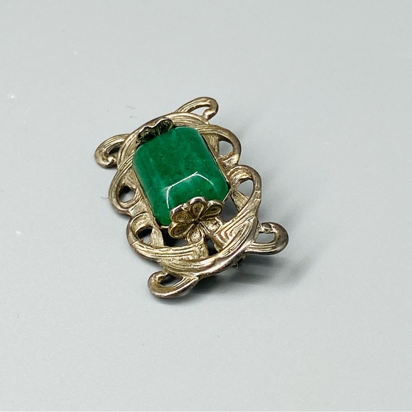 Vintage Art Nouveau Sterling Silver Pin Chrysoprase Stone - Picture 4 of 16